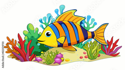 A brightly colored fish with bold stripes and a pointy snout swimming playfully in a coral reef surrounded by an abundance of colorful sea plants.. Cartoon Vector