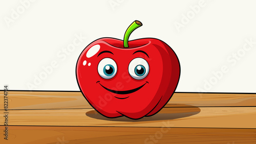 A bright red apple sat atop a wooden desk its smooth skin reflecting the sunlight streaming through the window.. Cartoon Vector