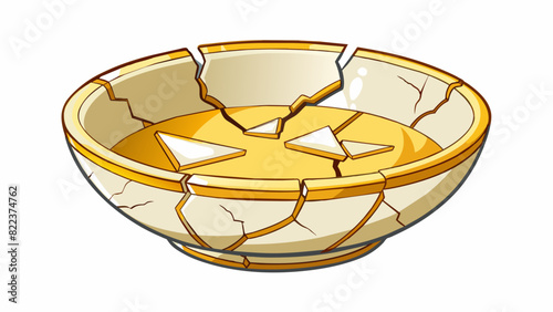 A broken ceramic bowl pieced back together with gold filling in the cracks the scars still visible but now transformed into soing even more beautiful. Cartoon Vector
