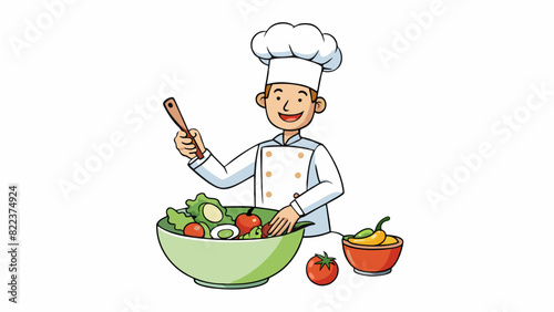 A chef preparing a salad by tossing together crisp lettuce juicy tomatoes and crunchy cucumbers in a large mixing bowl. Each ingredient retains its. Cartoon Vector