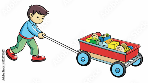A child pulling a wagon full of toys struggling to move it across a bumpy sidewalk. The wagon is made of plastic and has a handle for the child to. Cartoon Vector