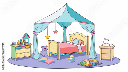 A childs bedroom A sweet canopy bed sits in the center of the room surrounded by stuffed animals in every shape and size. Brightly colored toys cover. Cartoon Vector