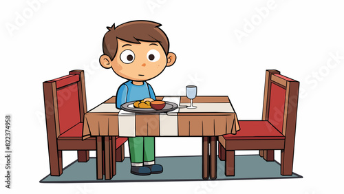 A child sitting still in a restaurant quietly waiting for their food without fidgeting or causing a scene demonstrating discipline and proper behavior. Cartoon Vector