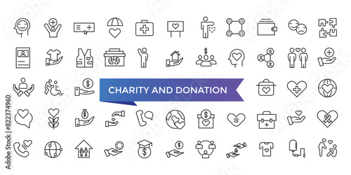 Charity and Donation icon collection. Help, volunteer, donated, assistance, sharing and Linearity symbol. Line icons vector set.