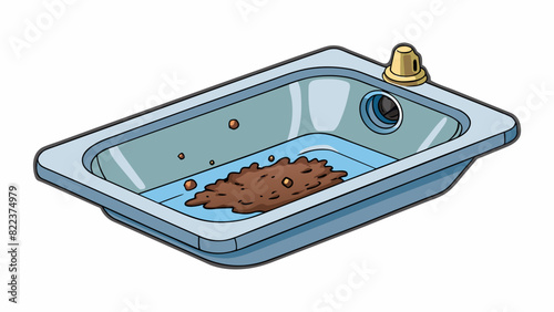 A clogged drain The sink is filled with stagnant water that doesnt seem to drain despite multiple attempts. Bits of hair and debris can be seen. Cartoon Vector