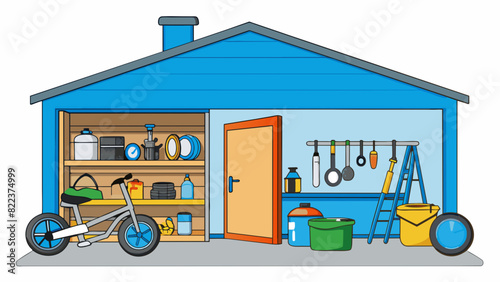 A cluttered garage filled with tools and lawn equipment. The metal shelves are lined with dusty cans of paint and jars of nails. In one corner stands. Cartoon Vector