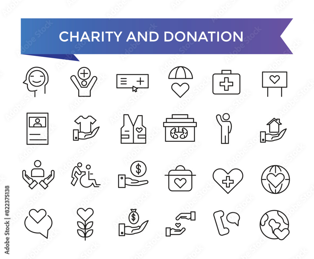 Charity and Donation icon collection. Help, volunteer, donated, assistance, sharing and Linearity symbol. Line icons vector set.