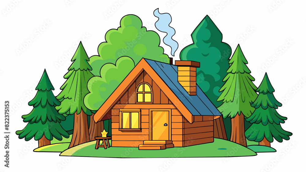 A cozy cabin nestled in a lush green forest with a crackling fire and warm candlelight flickering in the windows.. Cartoon Vector