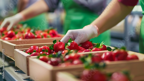 Strawberries are sorted at the factory and packed in wooden boxes. photo