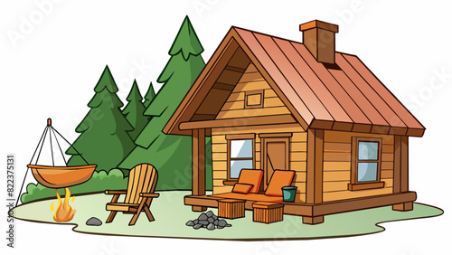 A cozy rustic cabin nestled in the woods with a crackling fireplace warm wooden furnishings and a quaint porch swing. The appeal of this scene is in. Cartoon Vector