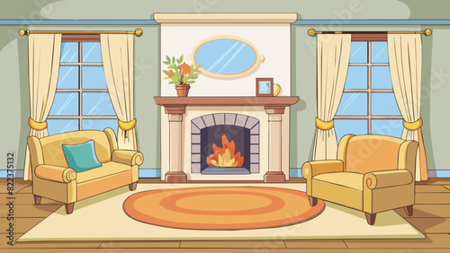 A cozy living room is illuminated by a warm crackling fireplace. The walls are painted a soft cream color with patterned curtains framing the large. Cartoon Vector