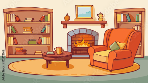 A cozy living room with a crackling fireplace a soft plush couch and shelves lined with books. The room is filled with warm golden light and the smell. Cartoon Vector