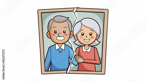 A cracked and faded photograph of a young couple now aged and dwindled but still holding hands and smiling at each other showing the enduring bond of. Cartoon Vector