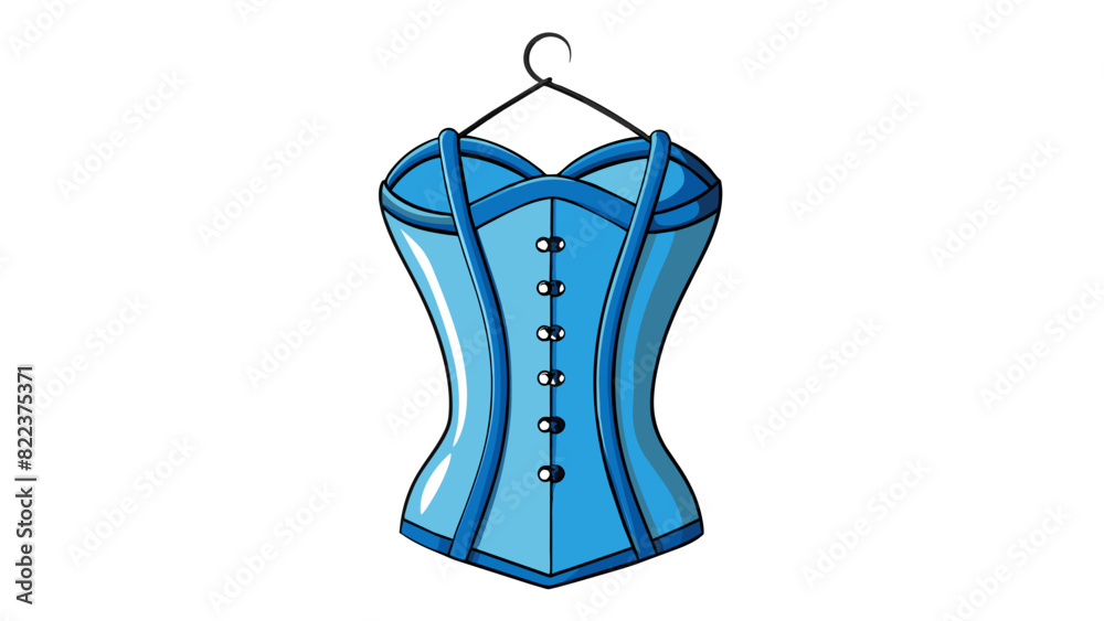 A faded blue corset hanging on a hook on the back of a bedroom door. Its boning is visible creating a structured hourglass shape and the laces are. Cartoon Vector