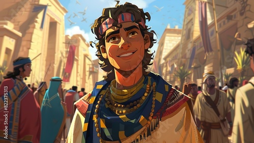 Explore a humorous illustration capturing Joseph's escapades in his coat of many colors, showcasing the diverse reactions of people around him in a comical and engaging manner