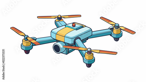 A drone with four propellers making it resemble a miniature helicopter. It is made of lightweight sy material and has a mounted camera on the front.. Cartoon Vector
