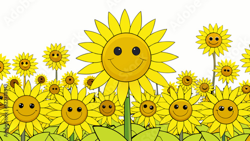 A field bursting with bright yellow sunflowers their faces eagerly turned towards the sun as it moves across the sky. The tall sy stems and large. Cartoon Vector