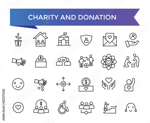 Charity and Donation icon collection. Help, volunteer, donated, assistance, sharing and Linearity symbol. Line icons vector set.