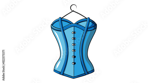 A faded blue corset hanging on a hook on the back of a bedroom door. Its boning is visible creating a structured hourglass shape and the laces are. Cartoon Vector