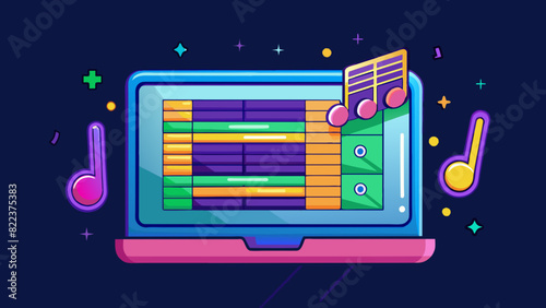 A digital score glowed brightly on the computer screen its notes and staves lit up in vibrant colors against a dark background. The interactive. Cartoon Vector