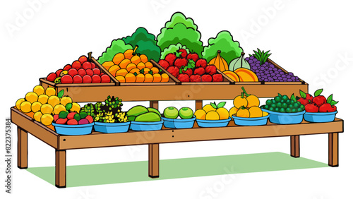 A farmers market offering a seasonal produce sale with tables piled high with fresh fruits and vegetables. The objects are plump and vibrant. Cartoon Vector