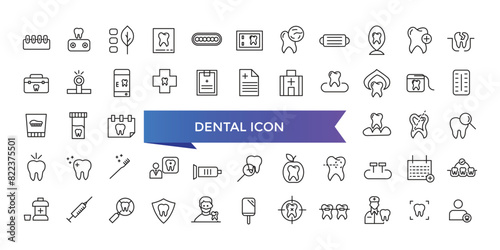 Dental icon collection. Related to tooth, dentist, toothpaste, toothbrush, teeth, implant and dentistry icons. Line icon set.