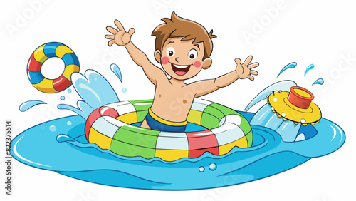 A giggly kid splashing around in a pool surrounded by colorful floating tubes and toys. They are wearing a pair of inflatable armbands and a big smile. Cartoon Vector