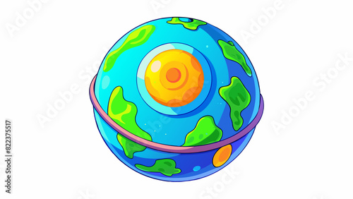 A glowing orb covered in bright green and blue lights with patches of swirling orange and purple. Oddshaped land masses jut out from its surface. Cartoon Vector