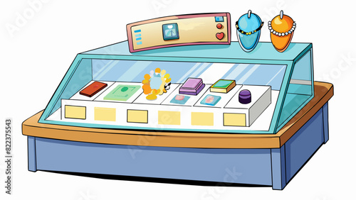 A glass display case at a jewelry store lined with velvet and featuring various rings necklaces and bracelets. Each piece of jewelry has a small card. Cartoon Vector