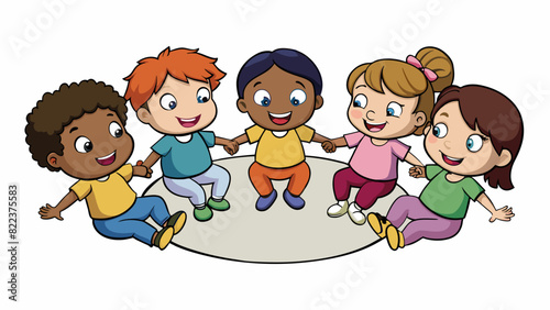 A group of children sitting in a circle holding hands and smiling. Their carefree expressions and playful interactions showcase the innocence and joy. Cartoon Vector