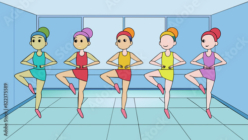 A group of dancers practicing their routine in a mirrored dance studio their bodies moving in perfect synchronization to the upbeat music playing in. Cartoon Vector