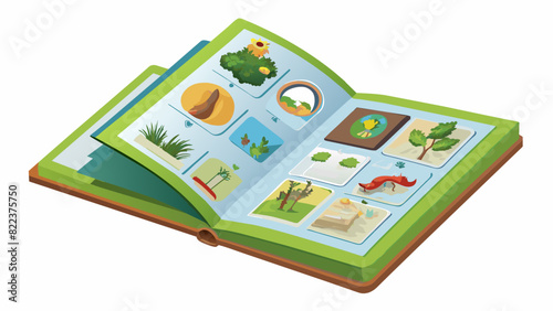 A guidebook with pictures and descriptions of different plant and animal species providing a reference for nature enthusiasts. Each entry may include. Cartoon Vector