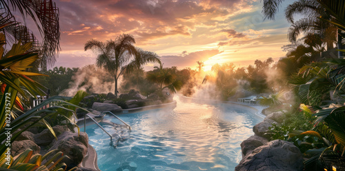 Luxury Spa Resort at Sunset with Outdoor Thermal Pools and Lush Tropical Plants - Ideal for Relaxation and Wellness