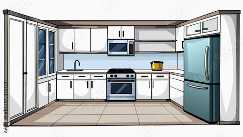 A highend gourmet kitchen with a large center island and marble countertops. The cabinets are a glossy grey with silver hardware. Above the island. Cartoon Vector