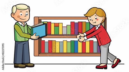 A librarian assists a patron in finding a specific book in the library. The librarian is patient and knowledgeable guiding the patron to the correct. Cartoon Vector