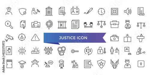 Justice icon collection. Related to justice law, court legal, lawyer, judgment, authority, criminal and prison icons set.