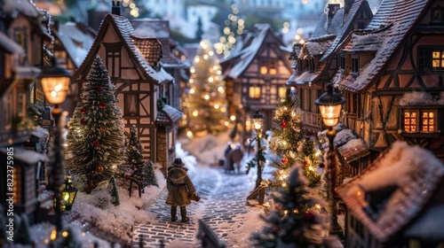 person in a supermarket, Illuminated model houses village and Christmas tree, Strasbourg, Alsace, France Europe