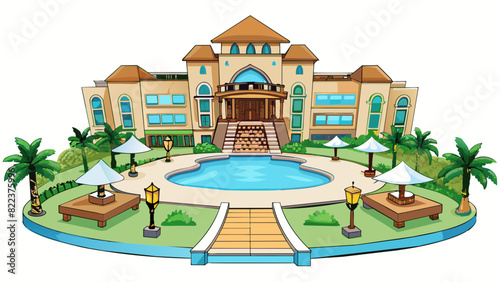 A luxury hotel situated on a beautiful tropical island. The lobby has high ceilings and lavish marble floors with a grand chandelier as the. Cartoon Vector