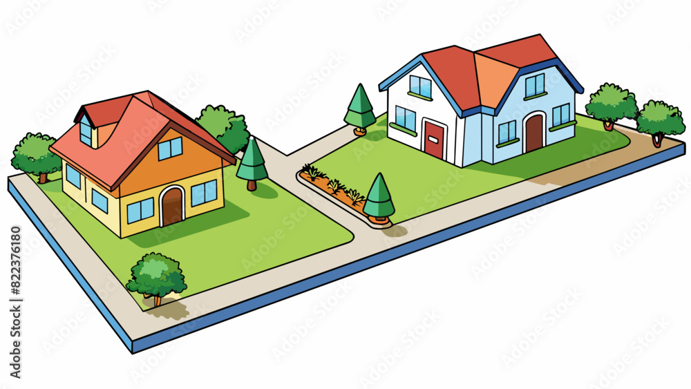 A moderate distance can be illustrated as the distance between two houses in a suburban neighborhood with a short walk or bike ride between them.. Cartoon Vector