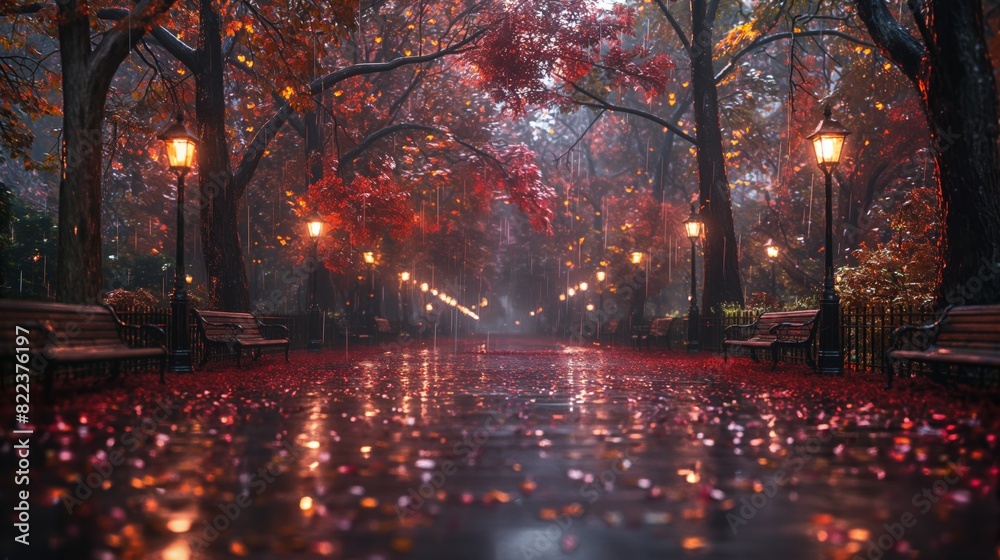 Night scene in the park, rain is falling, autumn with red and orange leaves on the trees Night scene in the park, rain is falling, autumn with red and orange leaves on the trees