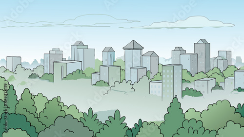 A misty morning sky shrouded in a thick layer of fog that blurs the outlines of trees and buildings creating an eerie and mystical atmosphere.. Cartoon Vector
