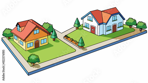 A moderate distance can be illustrated as the distance between two houses in a suburban neighborhood with a short walk or bike ride between them.. Cartoon Vector