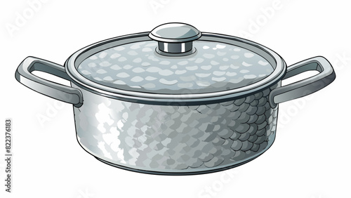 An aluminum pot with a hammered texture on the exterior. It has a wide flat base and two long handles on either side making it perfect for stovetop. Cartoon Vector