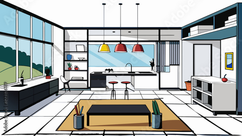 A modern home with sleek black furniture glossy white countertops and large windows that let in plenty of natural light showcasing minimalist decor. Cartoon Vector