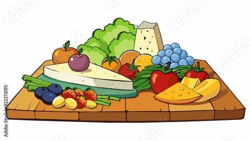 A mouthwatering spread of fresh fruits vibrant vegetables and artisanal cheeses all artfully arranged on a rustic wooden table. The appeal of this. Cartoon Vector
