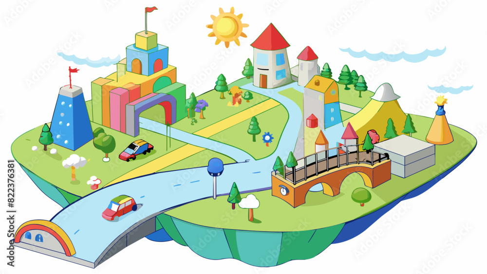 Fototapeta premium A page featuring a map of an imaginary city drawn in a whimsical style with cartoon buildings roads and parks. The city is filled with interesting. Cartoon Vector
