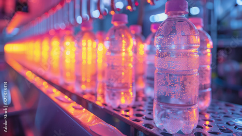 Plastic water bottles on automated production line with lights.
