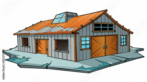 An old decrepit warehouse with peeling paint and broken windows. The heavy metal doors are rusted and the roof is caving in giving the building a. Cartoon Vector