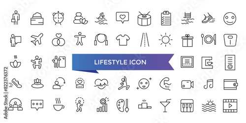 Lifestyle icon collection. Related to healthy lifestyle, diet, exercise, sleep, relationships, running, routine, self-care, culture and hobbies icons. Line icon set.