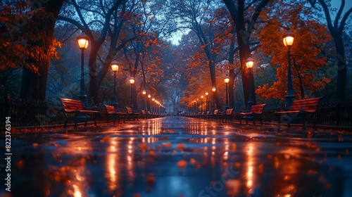 Night scene in the park  rain is falling  autumn with red and orange leaves on the trees